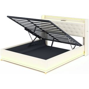 Merax Gestoffeerd Bed met LED Verlichting - USB-lader en Hydraulische Opbergruimte – 160x200 cm – Beige – Linnen