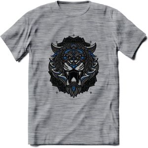 Tijger - Dieren Mandala T-Shirt | Blauw | Grappig Verjaardag Zentangle Dierenkop Cadeau Shirt | Dames - Heren - Unisex | Wildlife Tshirt Kleding Kado | - Donker Grijs - Gemaleerd - L