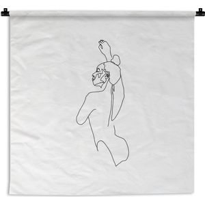 Wandkleed Line-art Vrouwengezicht - 12 - Illustratie dansende vrouw op een witte achtergrond Wandkleed katoen 150x150 cm - Wandtapijt met foto