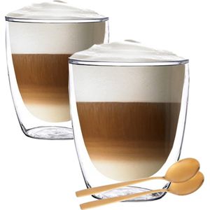 Dubbelwandige Koffieglazen - Cappuccino Glazen - Dubbelwandige Theeglazen - 300ML - 2x - Gratis Lepels
