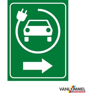 Pictogram bordje met oplaadpunt elektrische wagens pijl naar rechts 27x36cm | Bordje 2mm | Parkeren | Laadpaal | Laadpunt | Oplaadstation | Laad station | Laden | Auto opladen | Eco | Voorbehouden | Parkeersignalisatie