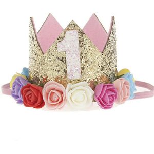 Baby feestmuts - Feesthoedje voor verjaardag 1 jaar - Prinsessen feestmuts met gekleurde rozen - Decoratie verjaardag meisje - verjaardagshoedje met bandje onder de kin