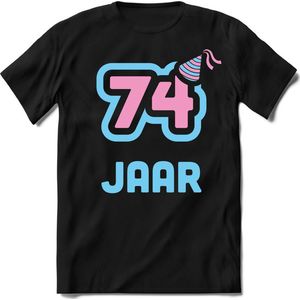 74 Jaar Feest kado T-Shirt Heren / Dames - Perfect Verjaardag Cadeau Shirt - Licht Blauw / Licht Roze - Maat 7XL