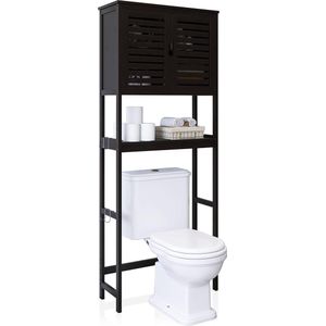 Badkamer boven het toilet opbergkast, 2-deurs bamboe kast organizer, vrijstaand ruimtebesparend toiletrek met verstelbare binnenplank en open plank (zwart)