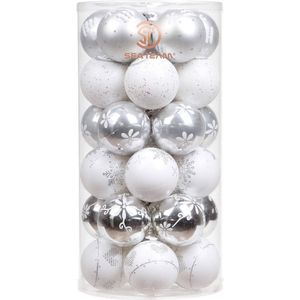 60mm / 2.36 ""Delicaat Contrast Kleur Thema Schilderen & Glinsterende Kerstboom Hangers Decoratieve Hangende Kerstballen Ballen Ornamenten Set - 30 Stuks (Zilver & Wit)