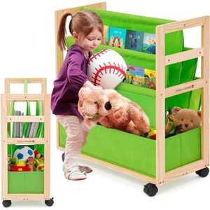 Kinderen Boekenkast met wieltjes 3 vakken - Speelgoedkist - Houten rek - Grote opbergdozen - Rollende wielen - Multifunctioneel - Kinderkamer speelkamer (groen)