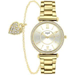 Lucardi Dames Regal cadeauset met gratis goudkleurige armband - Horloge - Staal - Goud - 35 mm
