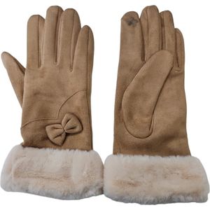 Dames Handschoenen Met Strikje - Met Touchscreen Vinger - Beige - Maat M/L