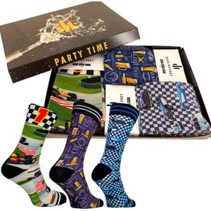 Sock My Feet geschenkdoos sokken heren 43 46 - cadeau voor man - duurzaam - naadloos - 3Pack Formule 1 Beer Retro Cars