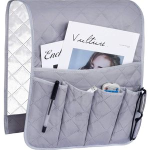 Armleuningorganizer, ruimtebesparend voor bank of stoel, bed, opbergtas, tv-afstandsbediening, houder voor mobiele telefoon, boek, tijdschriften, potlood, grijs