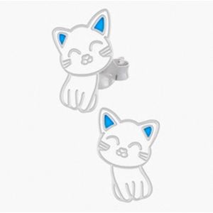Oorbellen meisjes zilver | Zilveren oorstekers, wit katje met blauwe oortjes