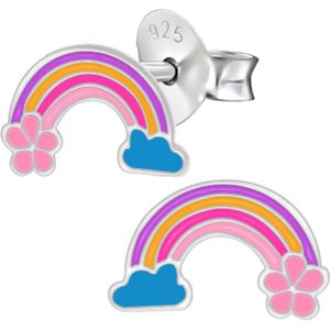 Oorbellen meisje | Zilveren kinderoorbellen | Zilveren oorstekers, regenboog met blauw wolkje en roze bloem