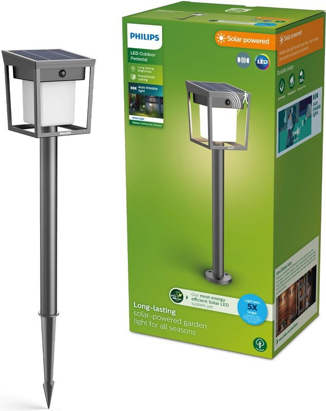 Philips Blaise Sokkellamp - UltraEfficient LED - Solar buitenlamp - Warm, helder licht 3000K - Antraciet - Rechthoekig ontwerp - Bewegingssensor - Zonne-energie - Auto-linkable