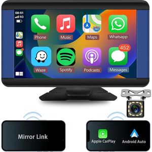 Draadloze Touchscreen Autoradio met Spiegelverbinding - 7 Inch HD Monitor - Bluetooth - Handsfree - Achteruitrijcamera - CarPlay & Android Auto - USB/SD - Audio - Draagbaar