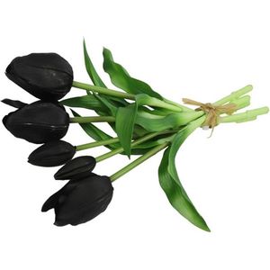 Countryfield Kunst tulpen boeket - 5x stuks - zwart - real touch - 28 cm - levensechte kunstbloemen