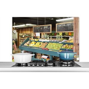 Spatscherm keuken 100x65 cm - Kookplaat achterwand Fruit - Supermarkt - Krijtbord - Muurbeschermer - Spatwand fornuis - Hoogwaardig aluminium