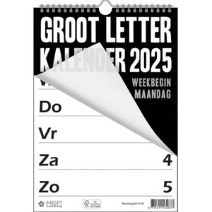 MGPcards - Grootletterkalender 2025 - Grootcijfer kalender - Week Planner - Week begint op maandag - 21 x 34 cm - Zwart