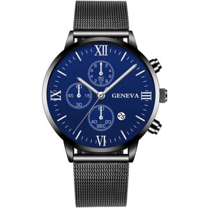 Hidzo Horloge Geneva Ø 41 - Met Datumaanduiding - Zwart/Blauw - Staal - Inclusief Horlogedoosje