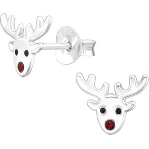 Joy|S - Zilveren rendier oorbellen - zilver met rood kristalletje als neus - 9 x 7 mm - kerst oorknoppen - kinderoorbellen
