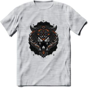 Tijger - Dieren Mandala T-Shirt | Oranje | Grappig Verjaardag Zentangle Dierenkop Cadeau Shirt | Dames - Heren - Unisex | Wildlife Tshirt Kleding Kado | - Licht Grijs - Gemaleerd - XXL