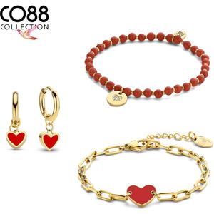 CO88 Collection 8CO-SET108 Stalen sieraden Set - Dames - 2 Armbanden - 19 cm - Rode Steen - Oorringen - 12 mm - Hartje - Emaille - Staal - Rood - Goudkleurig