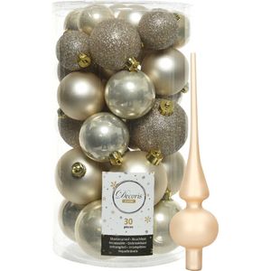 Decoris kerstballen 30x stuks - licht champagne 4/5/6 cm kunststof mat/glans/glitter mix en mat glazen piek 26 cm