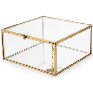 Sieradendoos - Kleine Glazen - Decoratieve Opbergdoos - Clear Display Box - Trinket Houder - Vierkante Ring Case - Organizer Goud - voor Oorbellen en Ringen