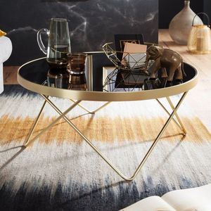 Salontafel Zwart/matgouden tafel met glazen blad Woonkamertafel Ø82cm