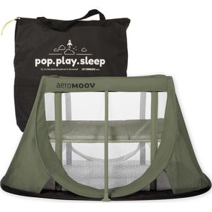 AeroMoov Campingbedje / Reisbedje met matras - voor baby én peuter - met bodemverhoger - Opgezet in 2s - Green Moss