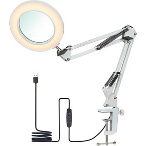 Vergrootlamp met Klem - 10X Lens - 64 LED Verlichting - 3 Dimstanden - USB Voeding - Handsfree Vergrootglas voor Reparatie Hobby's Lezen Werk - Wit