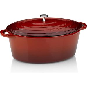 Braadpan met deksel, gietijzer, emaille coating, hoge warmte vasthouden, inductie geschikt, 9,5 L, rood, ovaal, calido