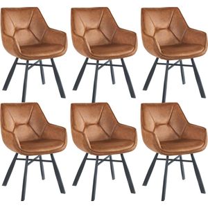 Colenis® - Solido Eetkamerstoel - Set van 6 - Cognac - Microfiber Stof - Industrieel - Met armleuning - Stoel