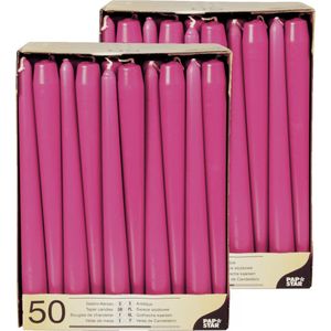 100x stuks Voordeelverpakking dinerkaarsen fuchsia roze - 25 cm - 7 branduren