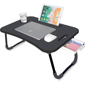 Opvouwbare laptoptafel, bedblad, leesstandaard, computerbureau, ontbijtblad, bijzettafel, tafel voor werk, leren, ontbijt of films kijken (zwart met lade)