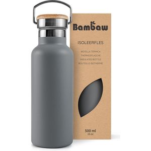 Bambaw® 500ml RVS Thermosfles - Isoleerfles, Dubbelwandig, Lekvrijen, loodvrij en Plasticvrij Geïsoleerde Fles met Bamboe Deksel voor Warme en Koude Dranken -Ideaal voor Reizen, Werk,Yoga, Wandelen en Dagelijks Gebruik– donkergrijs