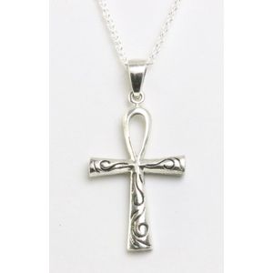 Fijne bewerkte zilveren ankh hanger aan ketting