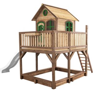 AXI Liam Speelhuis in Bruin/Groen - Met Verdieping, Zandbak en Witte Glijbaan - Speelhuisje voor de tuin / buiten - FSC hout - Speeltoestel voor kinderen