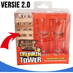 Allernieuwste SET 3-in-1 Drankspel Stapeltoren Jenga Drunken Tower Vallende Toren - NUMMER Tipsy Tower Gezelschapsspel incl 4 shotglaasjes - Drankspel 2.0 - Hout