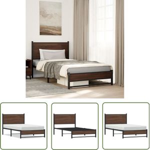 The Living Store Bedframe zonder matras metaal bruin eikenkleurig 107x203 cm - Staal Bedframe - Houten Bedframe - Tweepersoons Bed - Bruine Eiken Kleur - Bed Met Opbergruimte