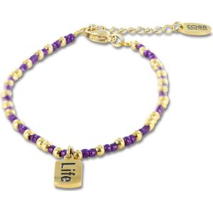 CO88 Colection 8CB-91023 Stalen Armband met Kralen - Dames - Goudkleurig - 3 mm - Paars - 2,5 mm - ENJOY - 10 x 7 mm - 16,5 + 3 cm