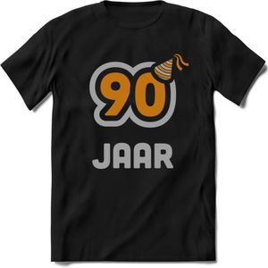 90 Jaar Feest T-Shirt | Goud - Zilver | Grappig Verjaardag Cadeau Shirt | Dames - Heren - Unisex | Tshirt Kleding Kado | - Zwart - L