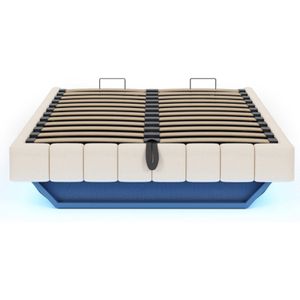 Gotagee Gestoffeerd bed 160x200 cm, hydraulisch zwevend bedframe met opbergruimte, multifunctioneel gestoffeerd bed zonder hoofdbord met LED-verlichting, linnen,beige