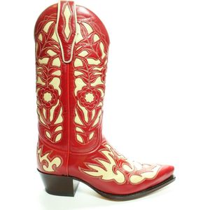 Sendra Boots 5529 Rood Dames Western Bohemian Ibiza Laarzen Judi Spitse neus Rechte Hak Bloemmotief Treklussen Echt Leer Maat 37