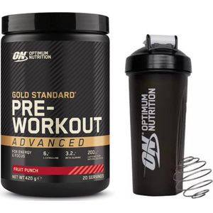 Optimum Nutrition Gold Standard Pre Workout Bundel - Fruit Punch Gummy Pre-Workout Advanced + ON Shakebeker - 420 gram (20 doseringen)