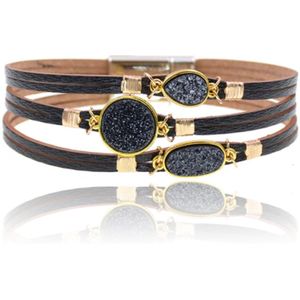 Zwart met goudkleurige leren Boho dames armband met glitter stenen