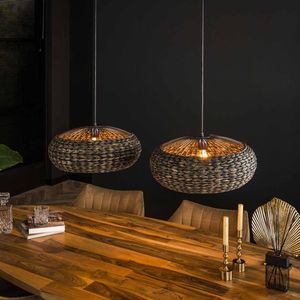 Landelijke eettafel hanglamp disk waterhyacint | 2 lichts | bruin / zwart | hout / metaal | Ø 50 cm | in hoogte verstelbaar tot 150 cm | eetkamer / woonkamer | dimbaar | modern / sfeervol design