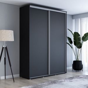Hoge kledingkast met 2 schuifdeuren - 140 x 242 x 61 cm - Kleur zwart - Aluminium handgrepen - Interieur met legplanken - en roede - 2 laden - Ergonomische grote schuifkast - Hoge kwaliteitsgarantie - Maja