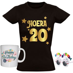20 jaar Dames T-shirt + Koffiemok + Happy birthday bril - goud - verjaardag - shirt