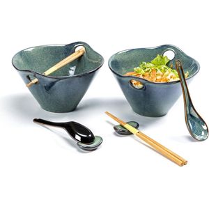 Ramen Bowl Set - keramische kom met eetstokjes, Japans lepel en lepelrust - voor 2 personen - Aziatisch servies - vaatwasser en magnetron bestendig