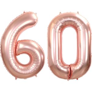 Folie Ballon Cijfer 60 Jaar Rose goud Verjaardag Versiering Helium Cijfer Ballonnen Feest versiering Met Rietje - 86Cm